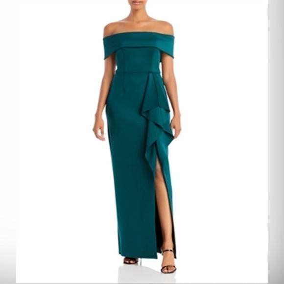 -AQUA WOMEN'S OFF THE SHOULDER CASCADE GOWN HUNTER GREEN SIZE 4 - Picture 3 of 10